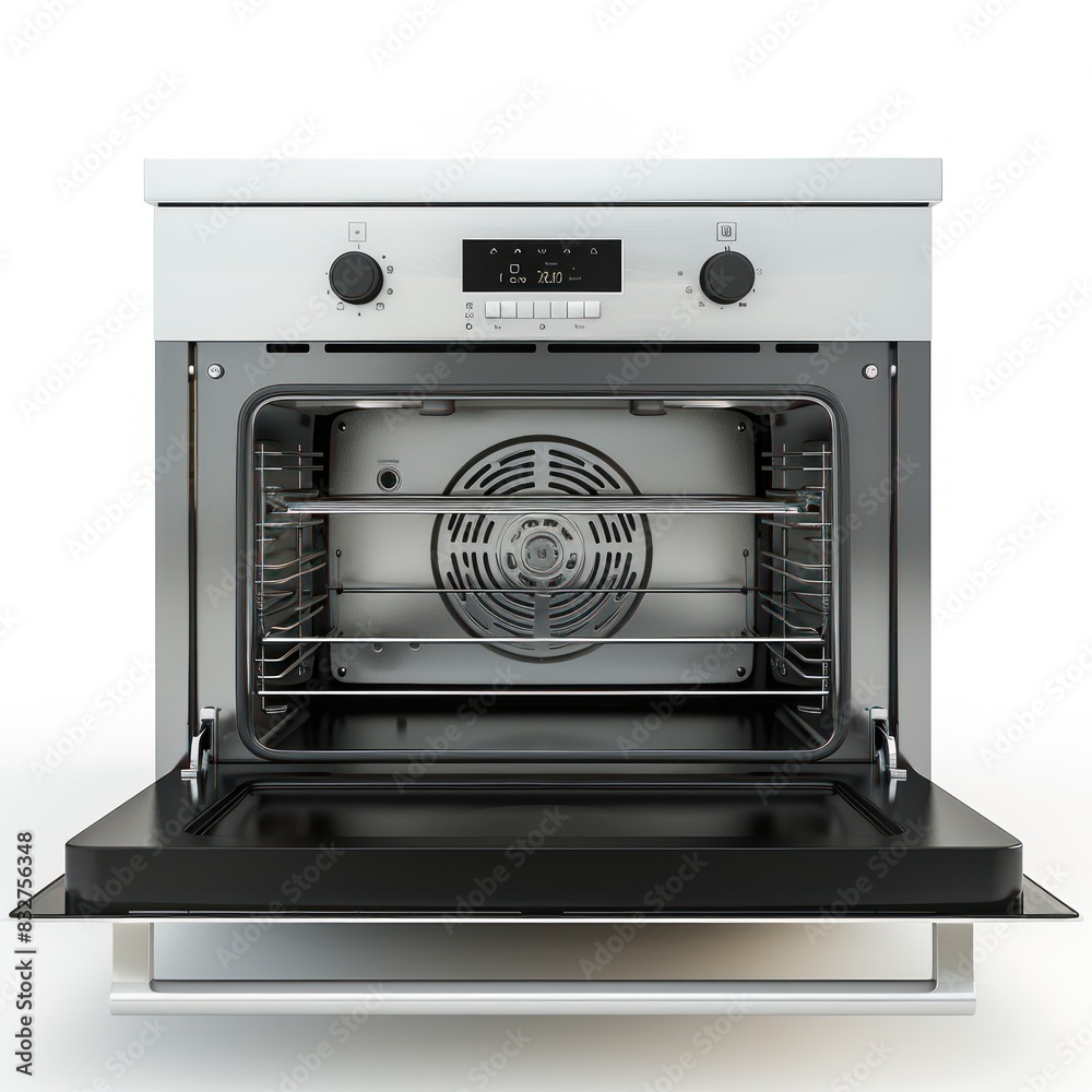 Fototapeta premium A high-resolution photograph of an oven isolated on a white background, highlighting its sleek design and advanced cooking capabilities.