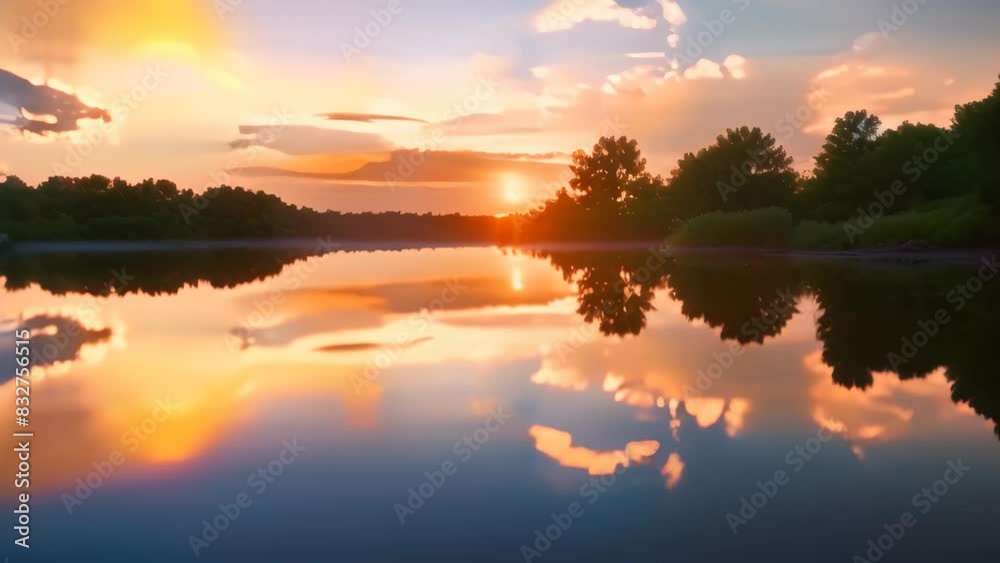 The sun descends over the still lake, casting a warm glow on the tranquil waters, A peaceful sunrise over a serene lake The sun descends over the still lake, casting a warm glow on the tranquil waters, A peaceful sunrise over a serene lake
