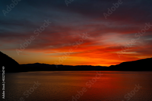 Breathtaking sunset over Djerdap gorge on the Danube river in Serbia © BGStock72