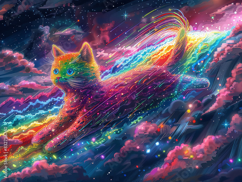 A vibrant, colorful cat flying through a starry sky, leaving a trail of rainbow light and sparkles, embodying magical and whimsical fantasy.. photo