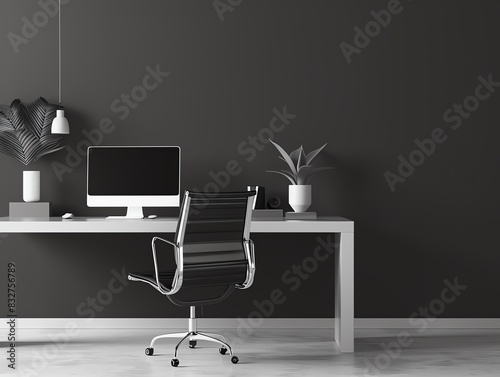Modern minimalist home office setup with a sleek desk, office chair, computer, and decor against a dark wall. Perfect workspace inspiration. photo