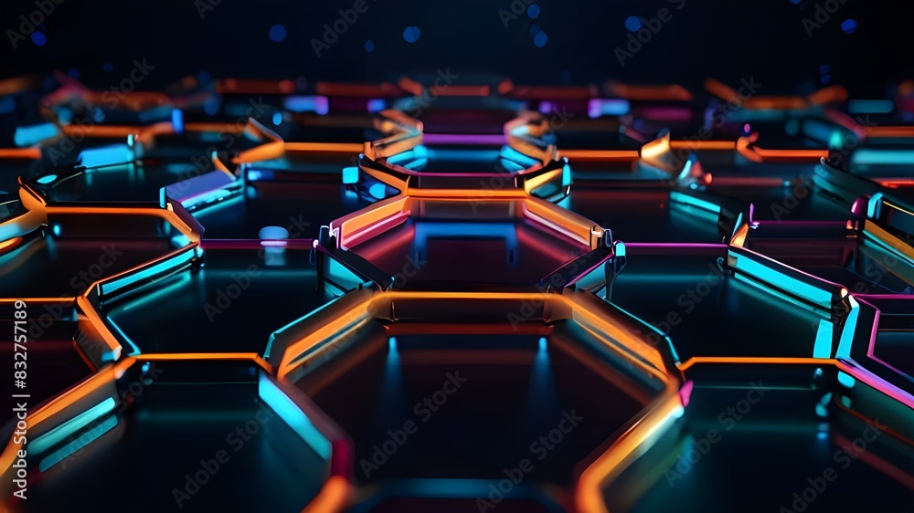 Hexagonal Horizons: Futuristic Neon Lights Background, AI-generated image of beautiful futuristic hexones background. Electric Neon Lights in Digital Space. Hexagonal Horizons: Futuristic Neon Lights Background, AI-generated image of beautiful futuristic hexones background. Electric Neon Lights in Digital Space.