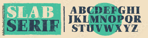 Rough Texture Font, Bold Slab Serif. Individually textured characters with an eroded rough letterpress print texture. Unique design font