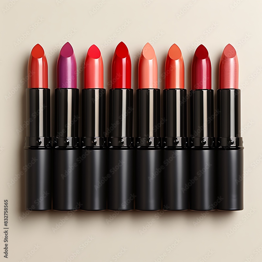 mockup presenting a collection of lipsticks in various shades with a clean white background mockup presenting a collection of lipsticks in various shades with a clean white background