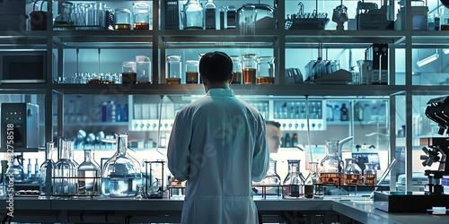 Researcher in the lab, back view, analyzing chemical reactions, modern lab environment