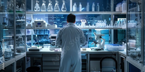 Scientist in the lab, back view, observing cell cultures under a microscope, with lab tools on the bench