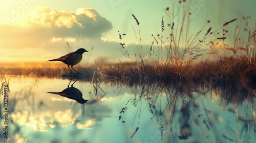 Bird on shore and its reflection in wetland photo