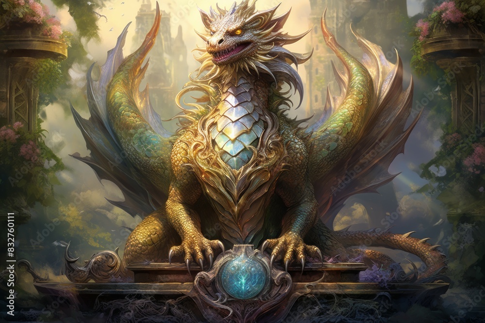 Fototapeta premium A wise and ancient dragon, with scales that shimmer in the sunlight and the power of ancient magic. - Generative AI