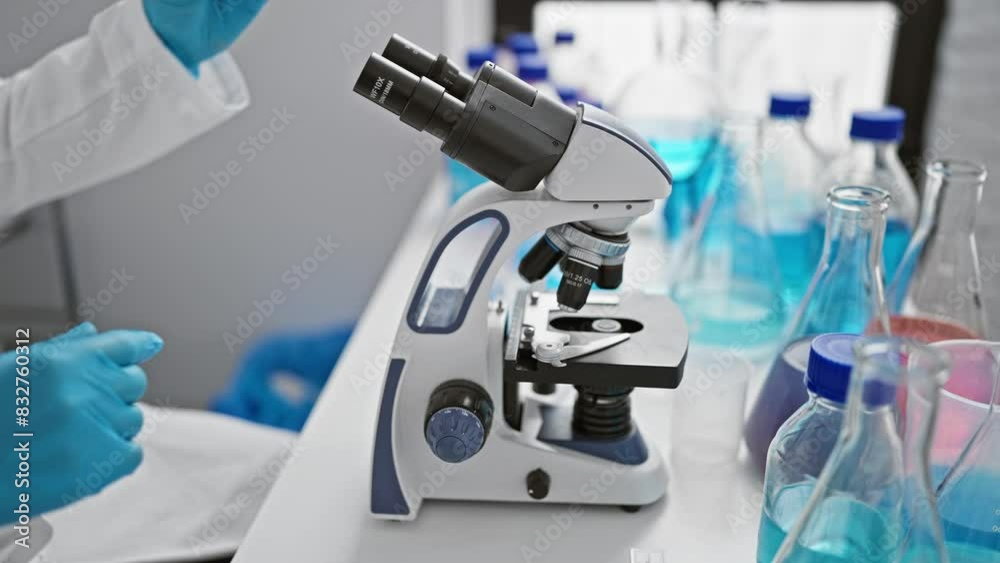 Scientist in lab coat inspecting specimen under microscope in modern laboratory with chemicals Scientist in lab coat inspecting specimen under microscope in modern laboratory with chemicals