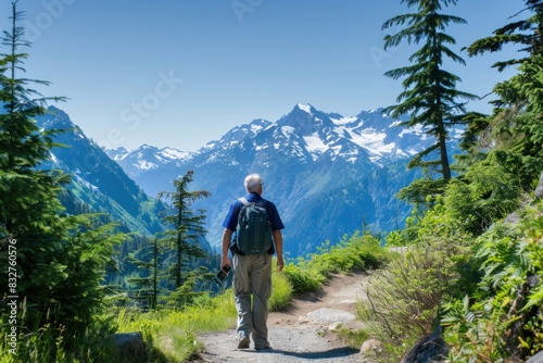 Senior Caucasian man hiking alone on a mountain trail with scenic views of snow-capped peaks.