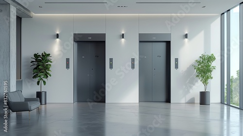 Modern passenger or cargo elevators  lifts with closed  opened and half closed  metallic cabins doors  floor indicators digits and glossy flooring in empty corridor 3d realistic vector illustration