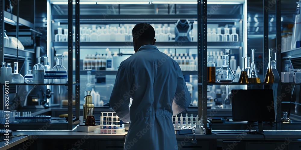 Scientist in the lab, back view, working with biochemical analysis tools, sophisticated lab environment
