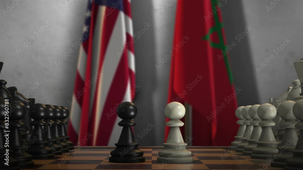 Morocco and USA National Flags with Chess Board Animation. Politics of Government or Conflict of Countries Concept Morocco and USA National Flags with Chess Board Animation. Politics of Government or Conflict of Countries Concept