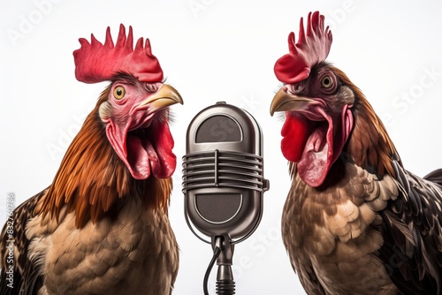 The rooster speaks into the microphone photo