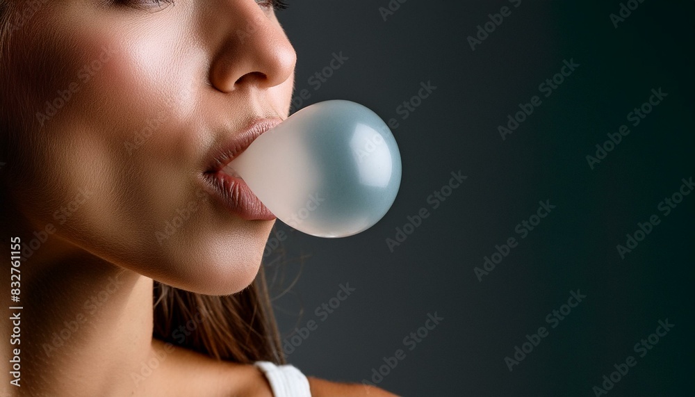 Woman blowing gum; no eyes show; black background Woman blowing gum; no eyes show; black background