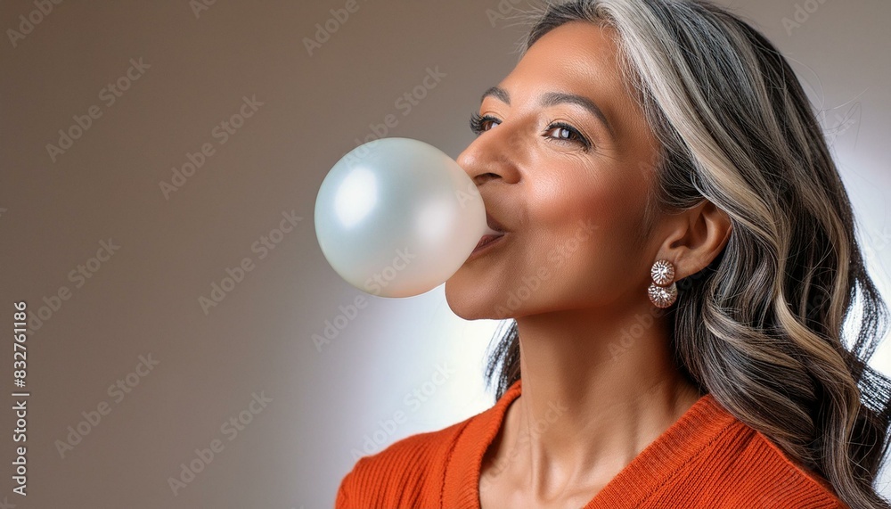 South American woman blowing gum; gray background; space for text South American woman blowing gum; gray background; space for text