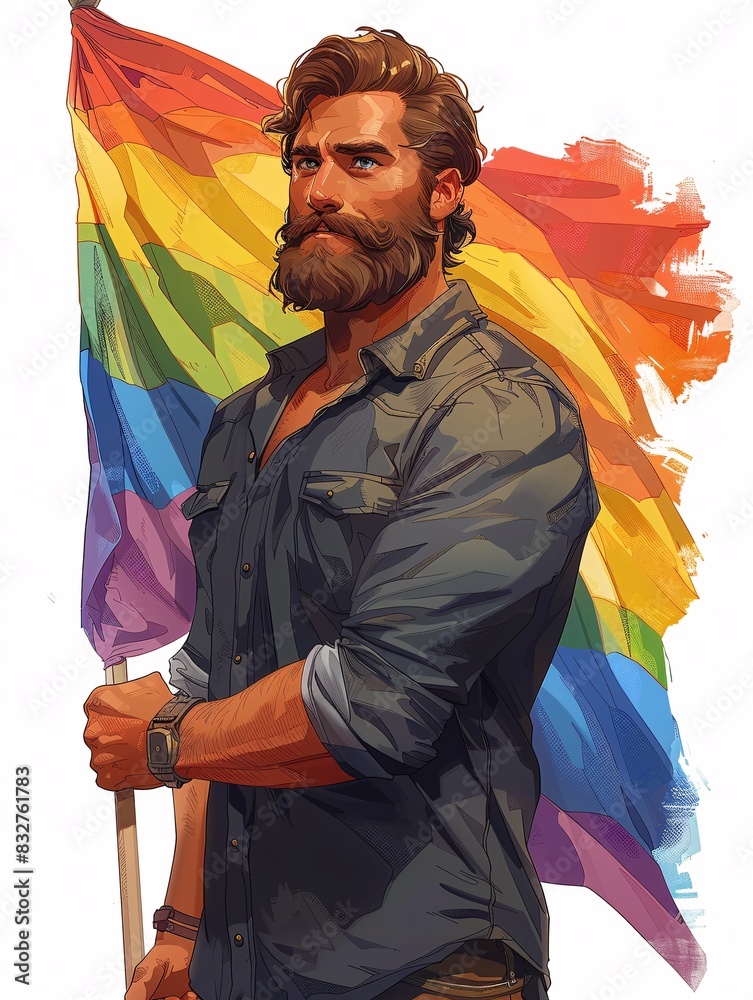 Fototapeta premium A male character portrait and a confident expression, holding a rainbow flag, isolated on a white background.