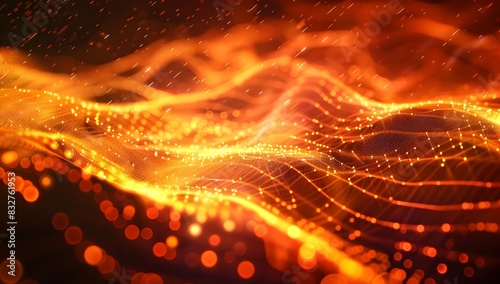 A glowing orange digital background with flowing lines and particles  creating an abstract and futuristic wallpaper for technology or data visualization  