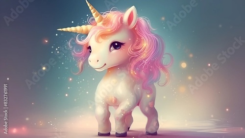 A beautiful unicorn in the studio. Cute unicorn with sequins. unicorn with horn in forehead. Unicorn portrait in studio. Glamorous unicorn. 