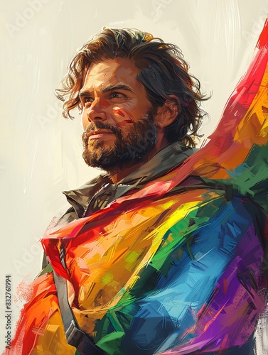 A male character portrait and a confident expression, holding a rainbow flag, isolated on a white background.