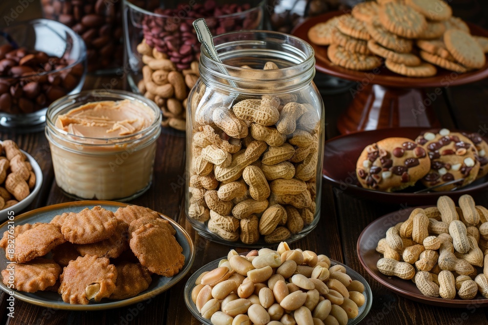 large glass jar filled with roasted peanuts in their shells, some spilling out onto the table.  peanut butter cookies