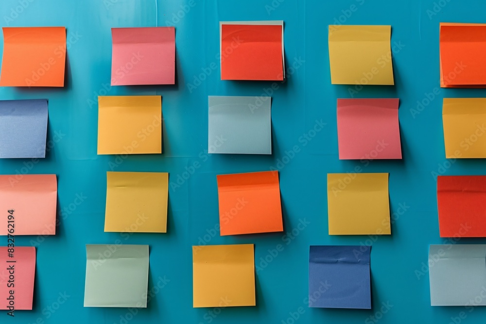 Colorful sticky notes on blue wall Colorful sticky notes on blue wall