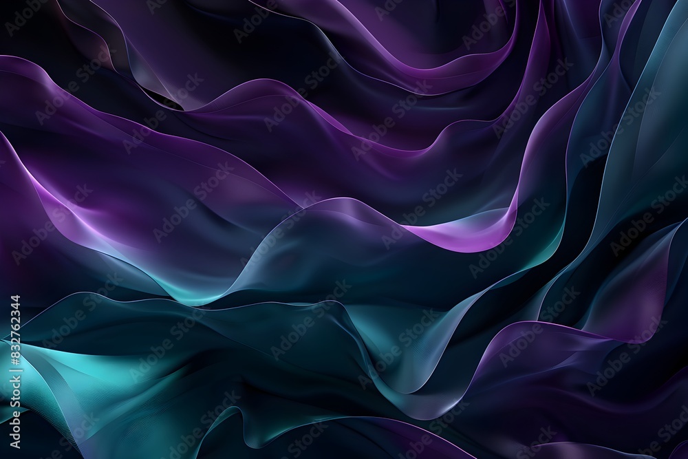 Fototapeta premium abstract background with purple and blue waves, black background, dark purple and teal color gradient, 3d render, smooth lighting, soft focus, deep depth of field, octane rendering, high resolution ph