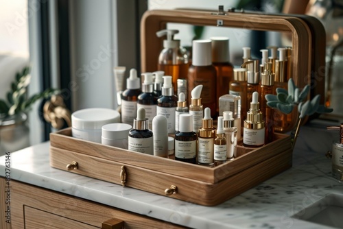 Premium skincare collection displayed in an aesthetically pleasing wooden box  showcasing high-end serums  moisturizers  and tonics for a complete beauty care solution