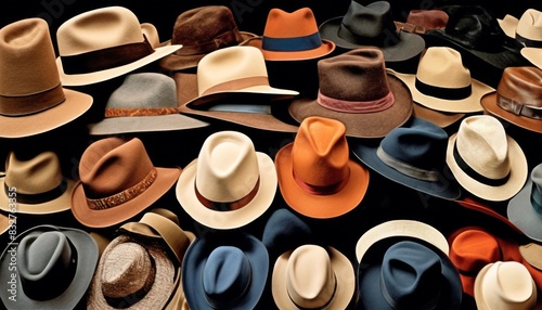 An array of stylish hats in multiple colors and materials displayed against a dark backdrop, perfect for fashion and retail themes.. AI Generation