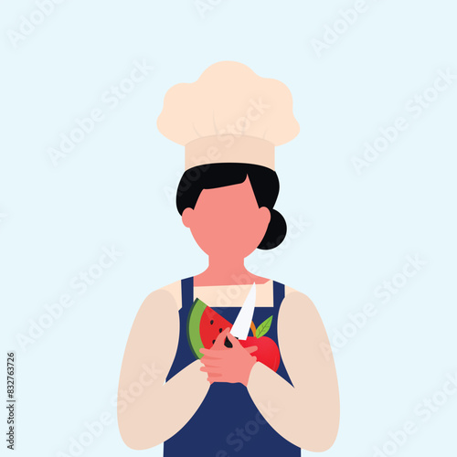 Female, girl chef character vector illustration. Female chef wearing chef uniform, hat and holding watermelon, apple, knife with plain cyan background.