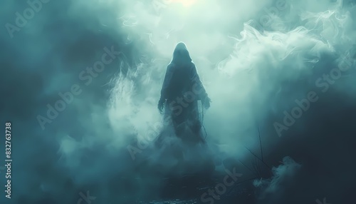 Generate a background with a ghostly figure emerging from fog and space for text