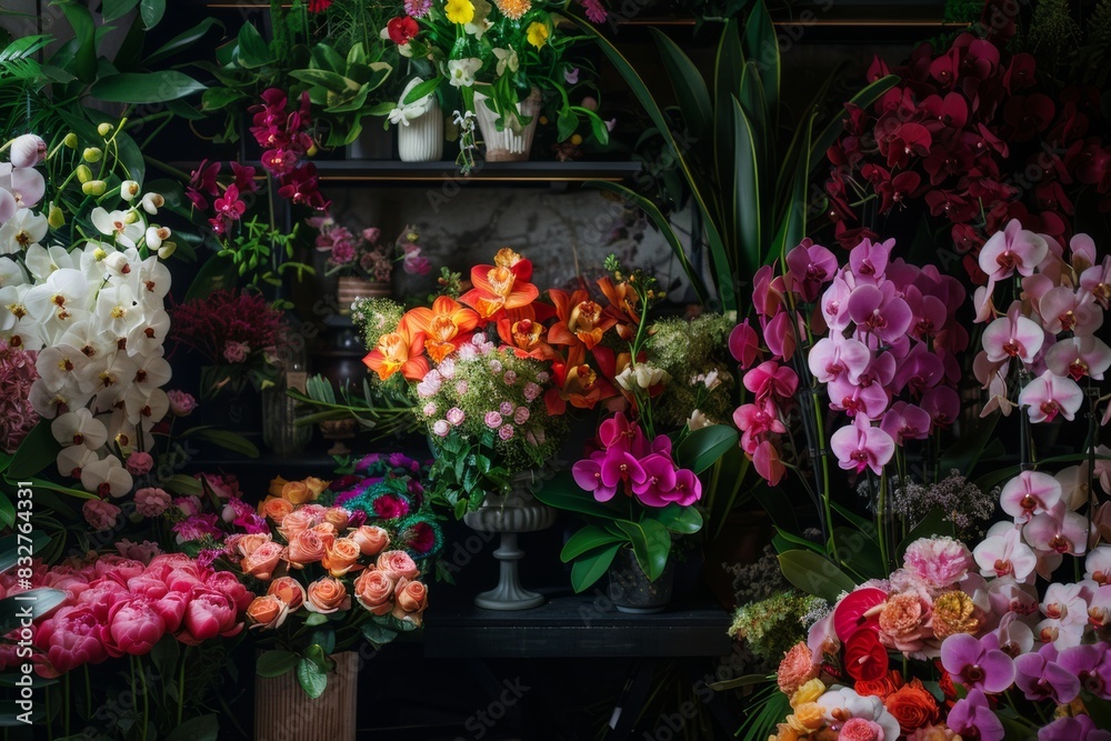 Fototapeta premium bunches of flowers at flower store or florist shop on black background