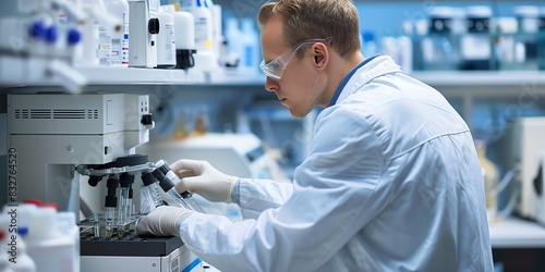 Scientist in the lab, back view, calibrating a gas chromatograph, modern laboratory equipment around