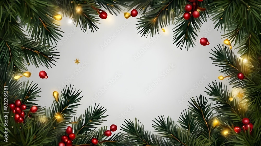 Isolated on a translucent background is a border featuring gold lights, red berries, and green fir trees. Christmas evergreens and pine trees seamless banner. Christmas tree garland decoration in vect Isolated on a translucent background is a border featuring gold lights, red berries, and green fir trees. Christmas evergreens and pine trees seamless banner. Christmas tree garland decoration in vect