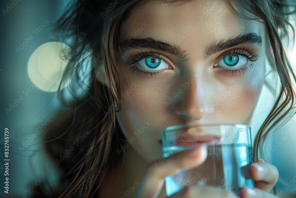woman holds a water bottle against a blurred blue pool background woman holds a water bottle against a blurred blue pool background