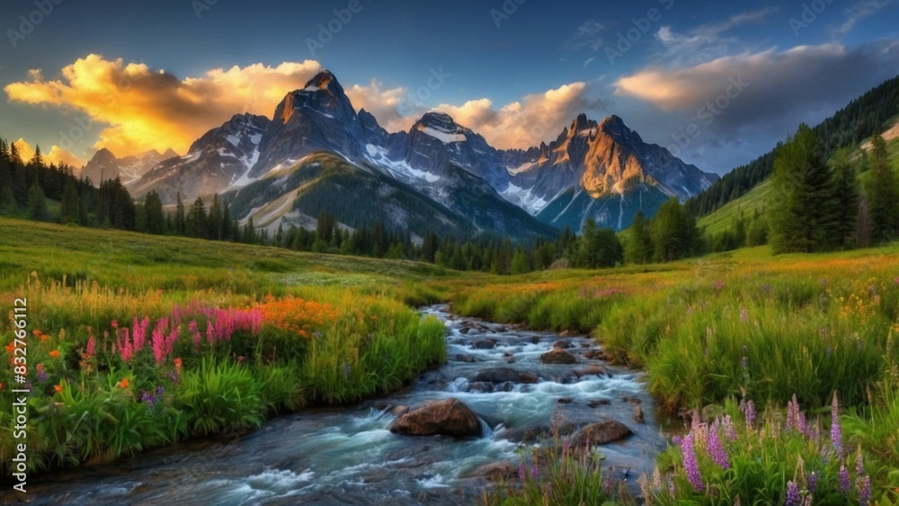 Tranquil Beauty: Meadow, Stream, and Majestic Moun Tranquil Beauty: Meadow, Stream, and Majestic Moun