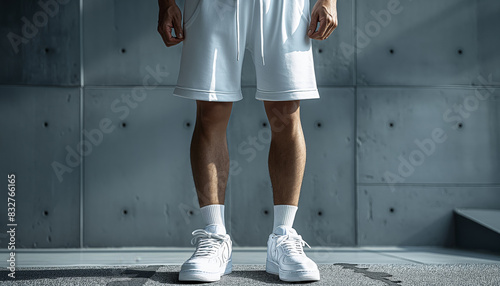 Athletic man wearing white shorts and sneakers photo