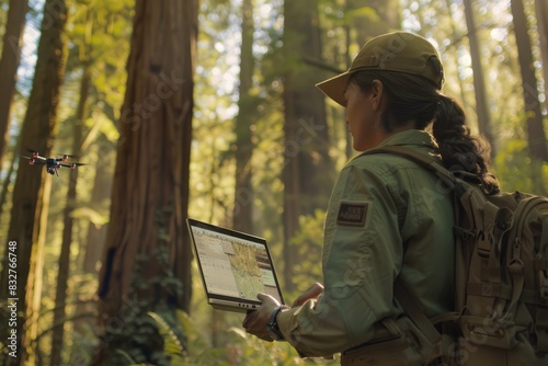 A woman using a laptop in a dense forest setting surrounded by tall trees
