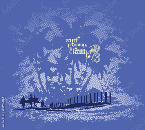 Vector illustration of surfers silhouettes on a background with stylized palm trees.