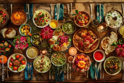 Various traditional foods from around the world cover a dining table  showcasing a rich mix of culinary cultures