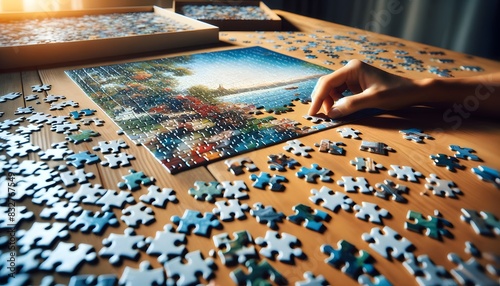 A person assembling a jigsaw puzzle on a wooden table. The puzzle pieces are scattered around, with some sections already completed, depicting a serene landscape.