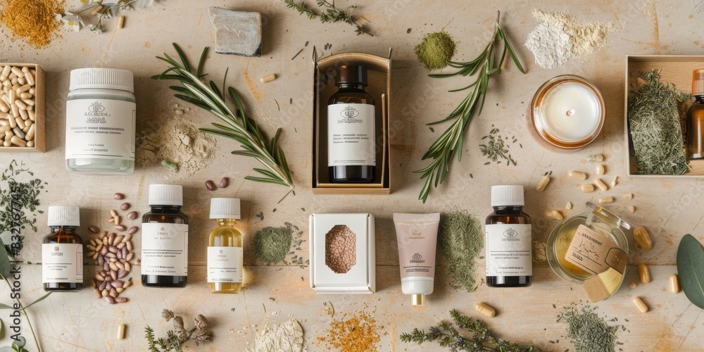 Herbal skincare set displayed with organic beauty products and supplements, highlighting natural ingredients and sustainable packaging for a wholesome skincare approach Herbal skincare set displayed with organic beauty products and supplements, highlighting natural ingredients and sustainable packaging for a wholesome skincare approach