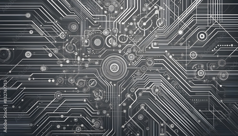 A black and white tech background illustration, showcasing a detailed network of circuits and electronic components, highlighting modern technology. A black and white tech background illustration, showcasing a detailed network of circuits and electronic components, highlighting modern technology.