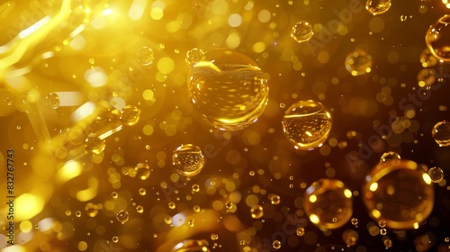 golden yellow bubbles oil collagen serum molecule cosmetic product 3d