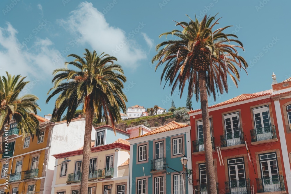 Fototapeta premium Tourist destination colorful city candy buildings South America architecture old houses palms art home exterior facade town streets historic exploration warm tropical county tourism aesthetic