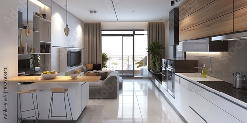 Minimalist kitchen design in an apartment with clean lines, modern appliances, and a breakfast bar photo