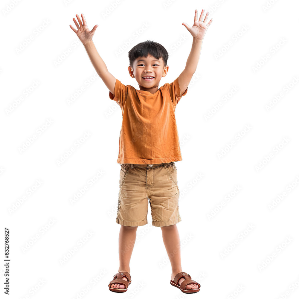 Joyful young boy with a bright smile, celebrating with his hands up, isolated on a transparent background Joyful young boy with a bright smile, celebrating with his hands up, isolated on a transparent background