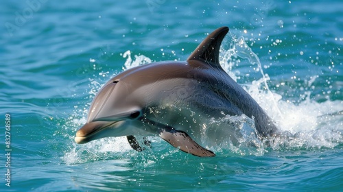 A dolphin frolicking in crystal clear blue waters its sleek skin glistening in the sunlight its dorsal fin emerges from the water as it cavorts and creates splashes © pngking