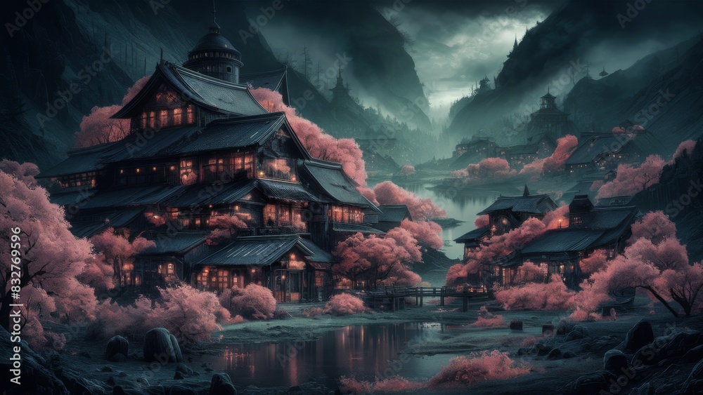 Japanese village in spring. The village is located in a valley ...