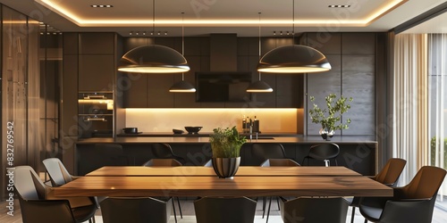 Modern dining room design in an apartment with a large table, sleek chairs, and pendant lighting photo